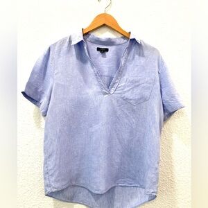 J. Crew 100% Linen Popover Short Sleeve Top Light Blue Pocket V neck Size Medium
